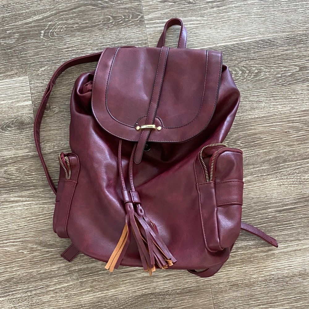 Y2K Faux leather drawstring backpack with fringe tassel maroon burgundy